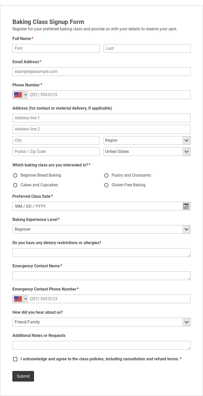 Baking Class Signup Form Template form template