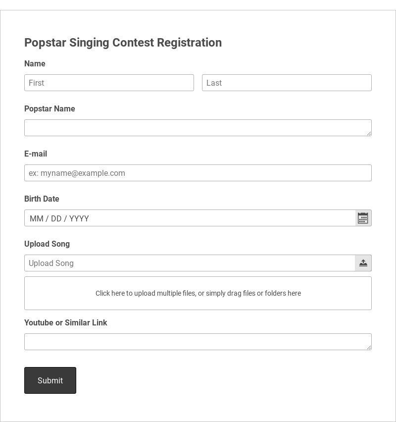 Popstar Singing Contest Registration Form Template form template