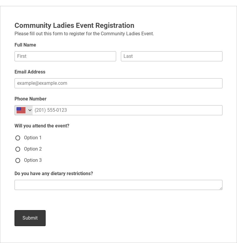 Community Ladies Event Registration Template form template