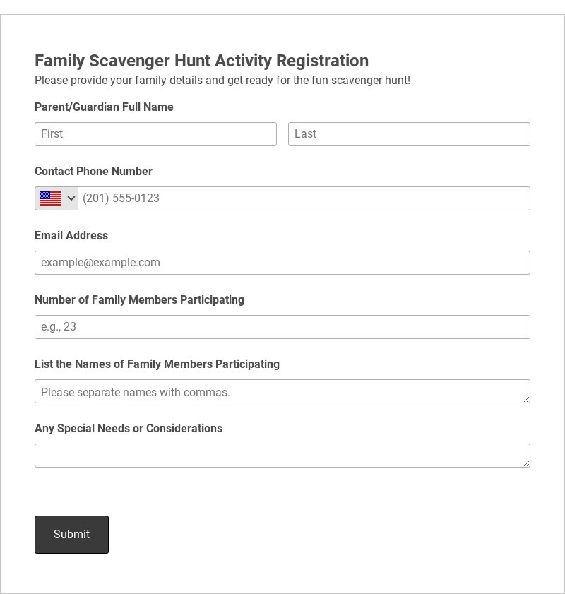 Family Scavenger Hunt Activity Registration Template form template