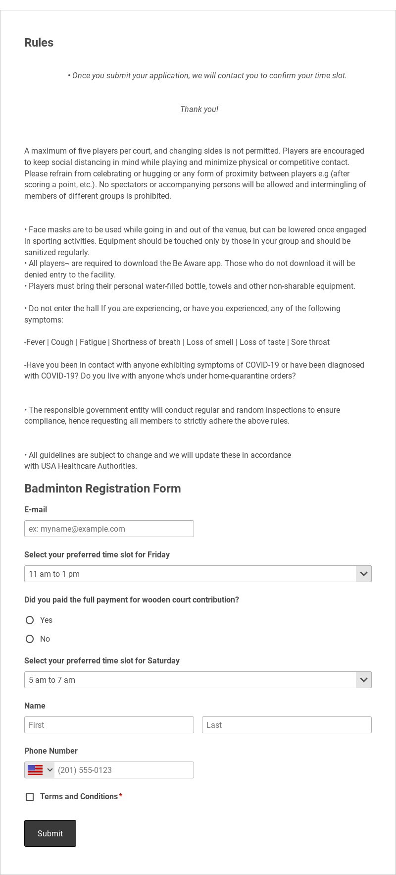 Badminton Registration Form Template form template