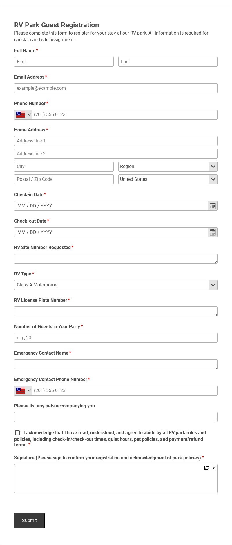 RV Park Guest Registration Template form template