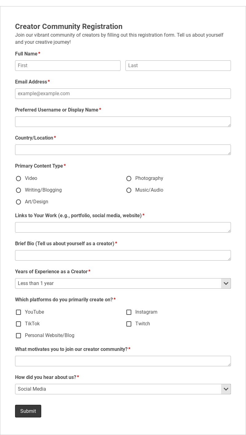 Creator Community Registration Form Template form template