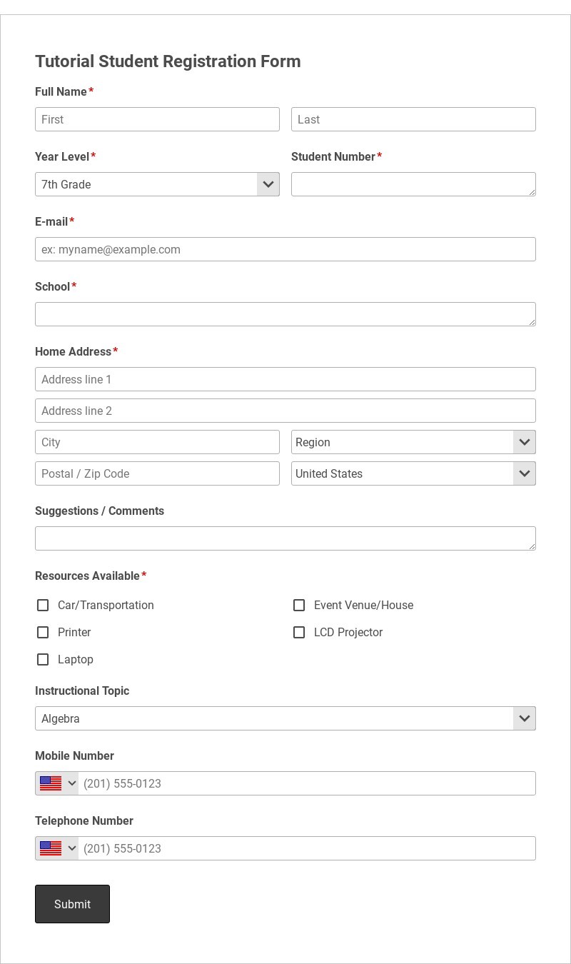 Tutorial Student Registration Form Template form template