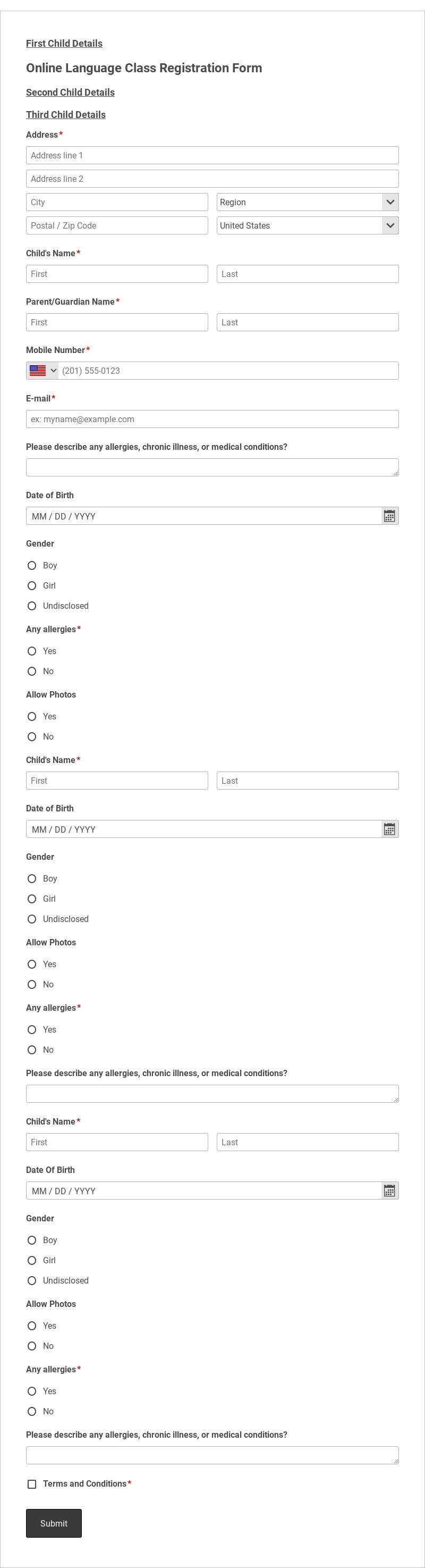 Online Language Class Registration Form Template