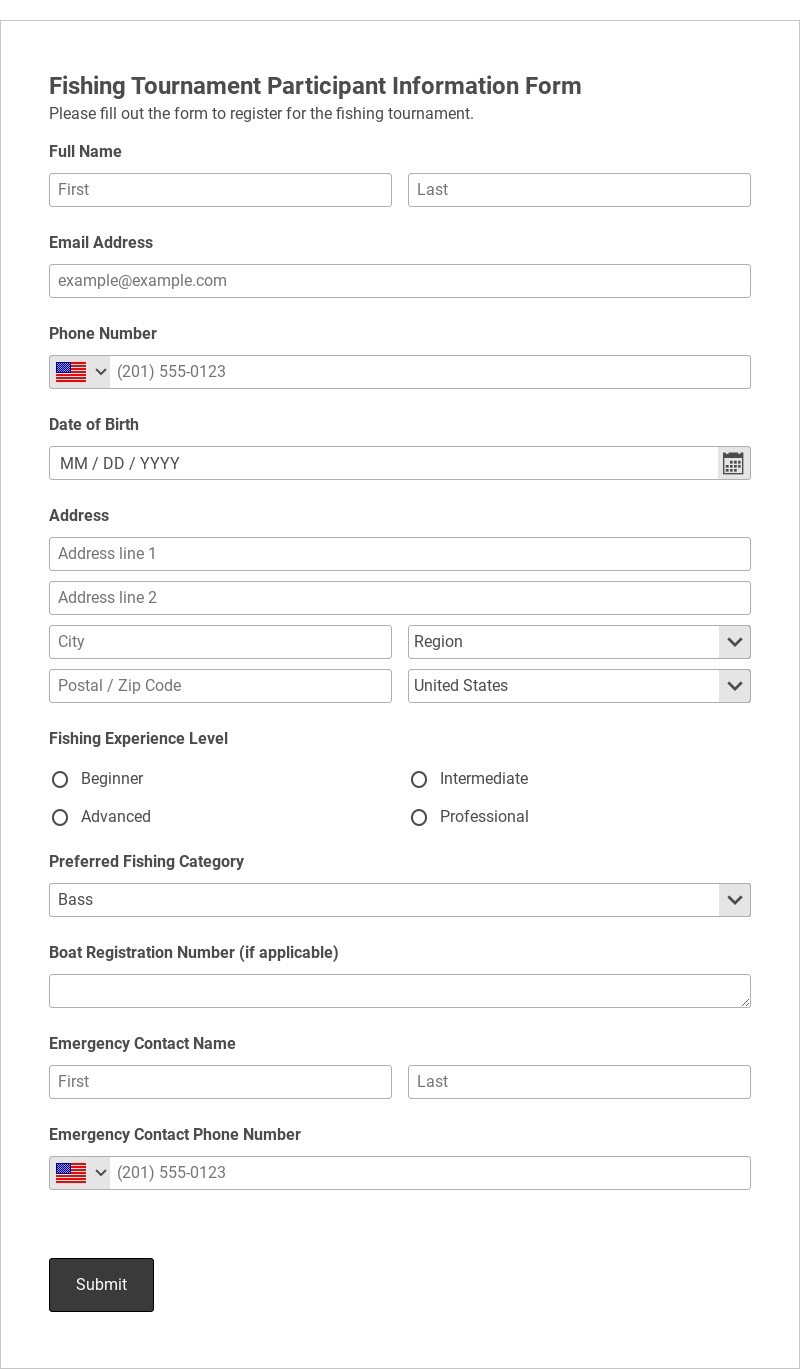 Fishing Tournament Participant Information Form Template form template