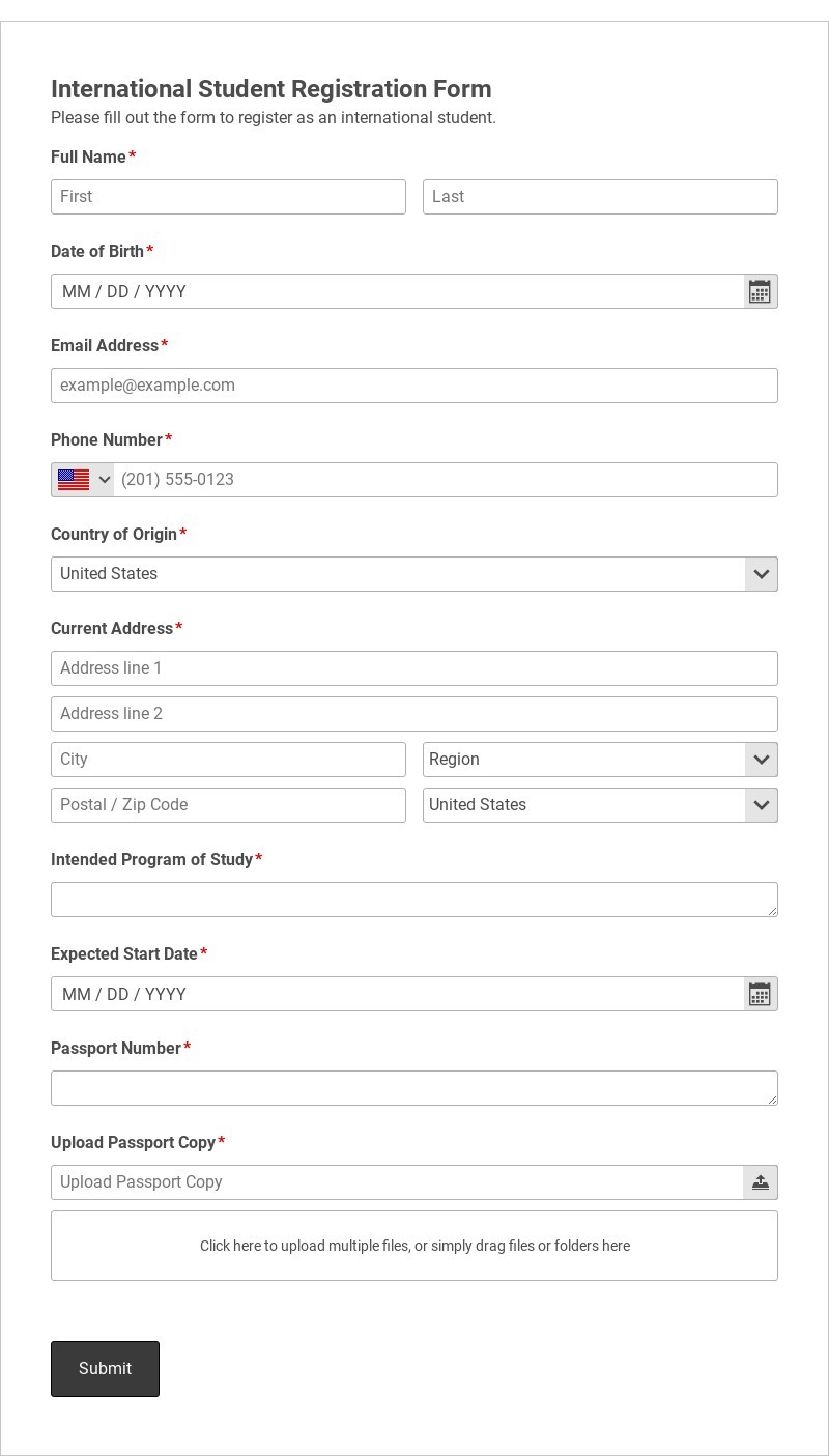 International Student Registration Form Template form template