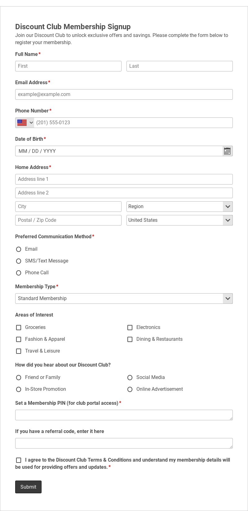 Discount Club Membership Signup Template form template