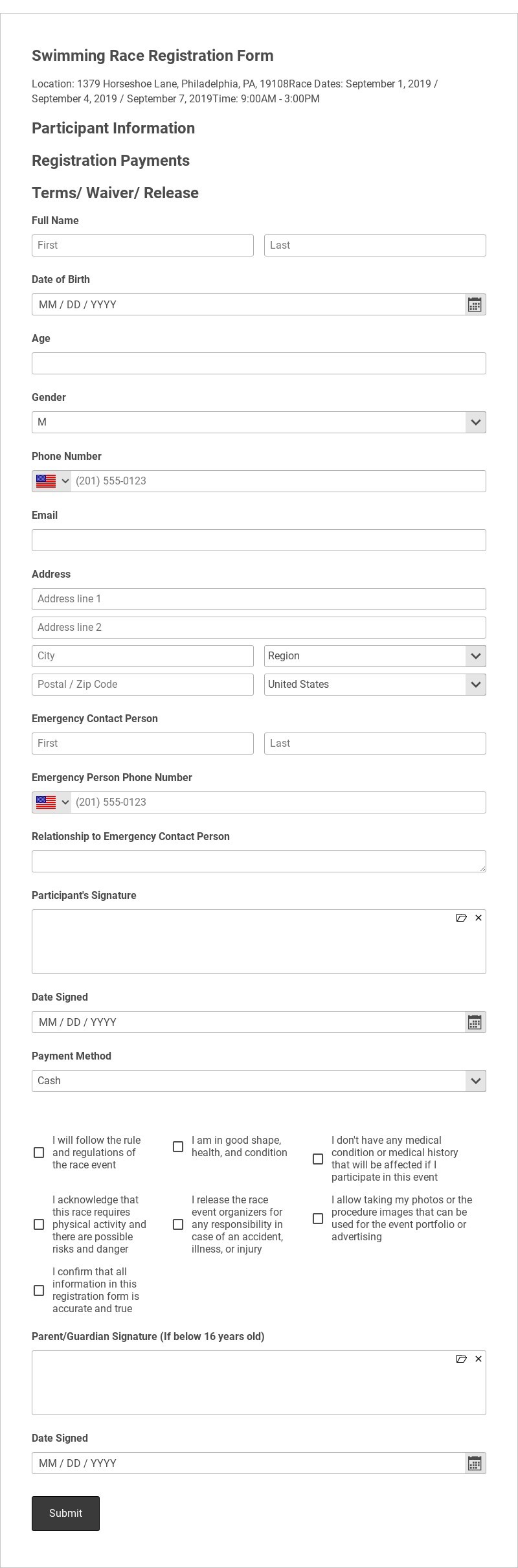 Swimming Race Registration Form Template form template