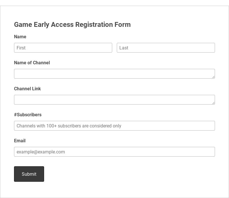 Game Early Access Registration Form Template form template
