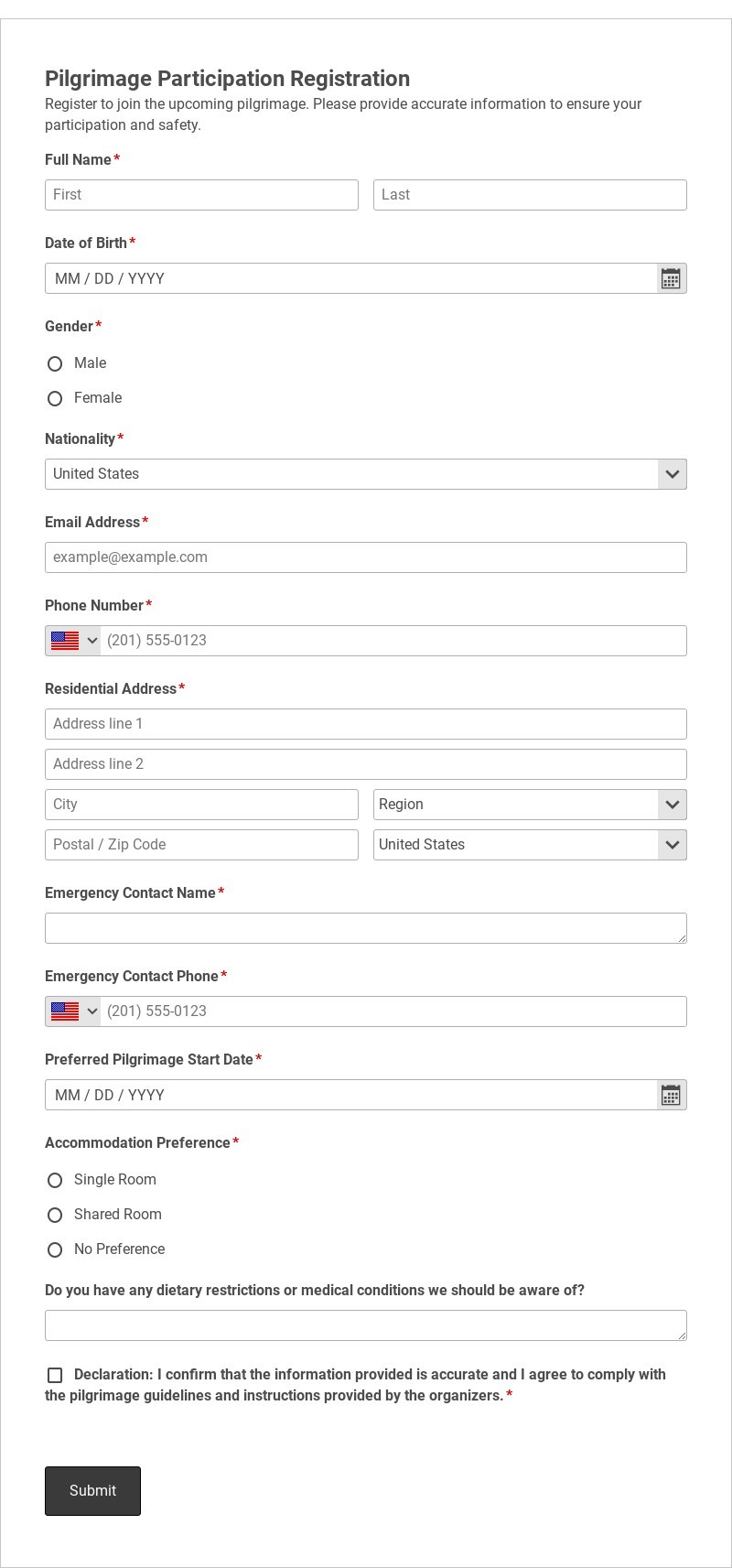 Pilgrimage Participation Registration Template form template