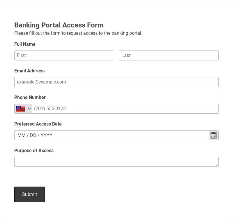 Banking Portal Access Form Template form template