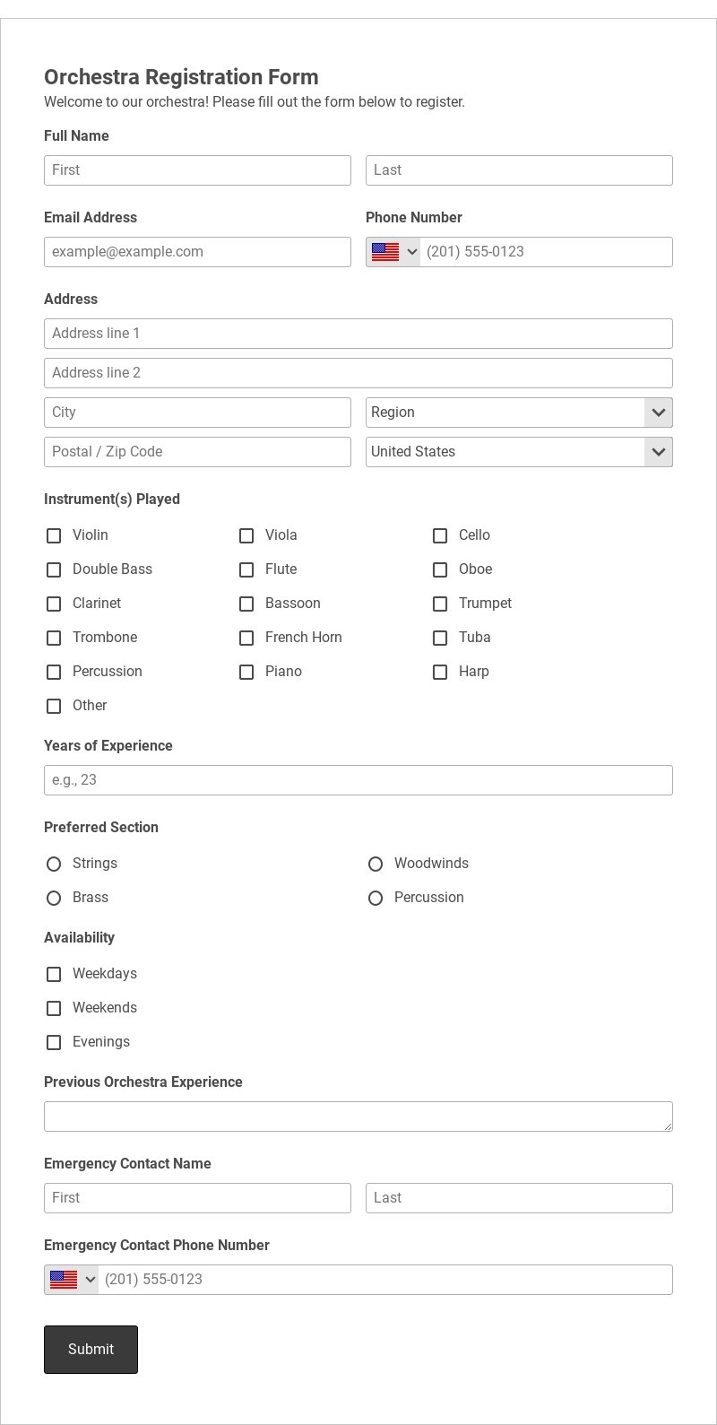 Orchestra Registration Form Template