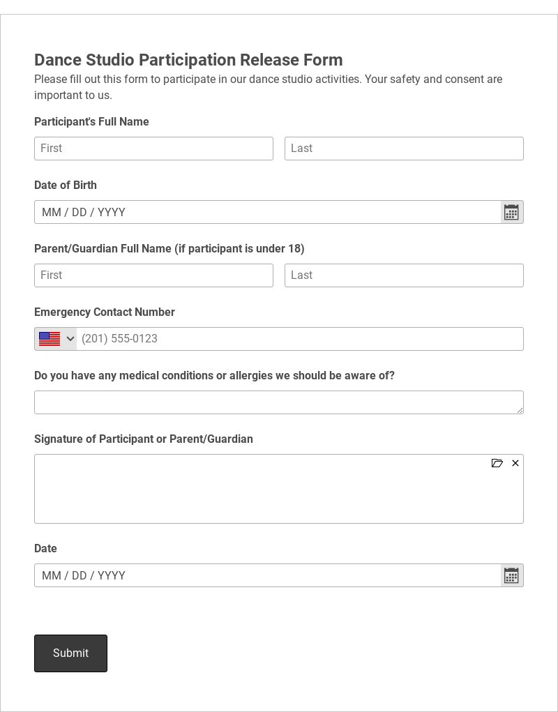 Dance Studio Participation Release Form Template form template