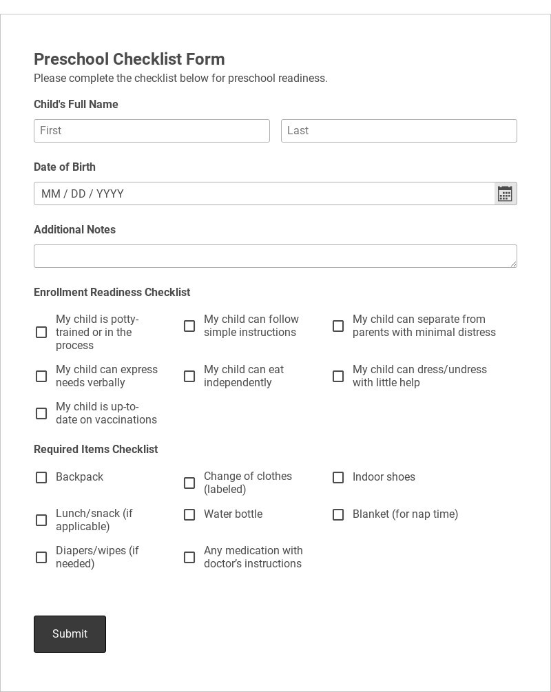Preschool Checklist Form Template form template
