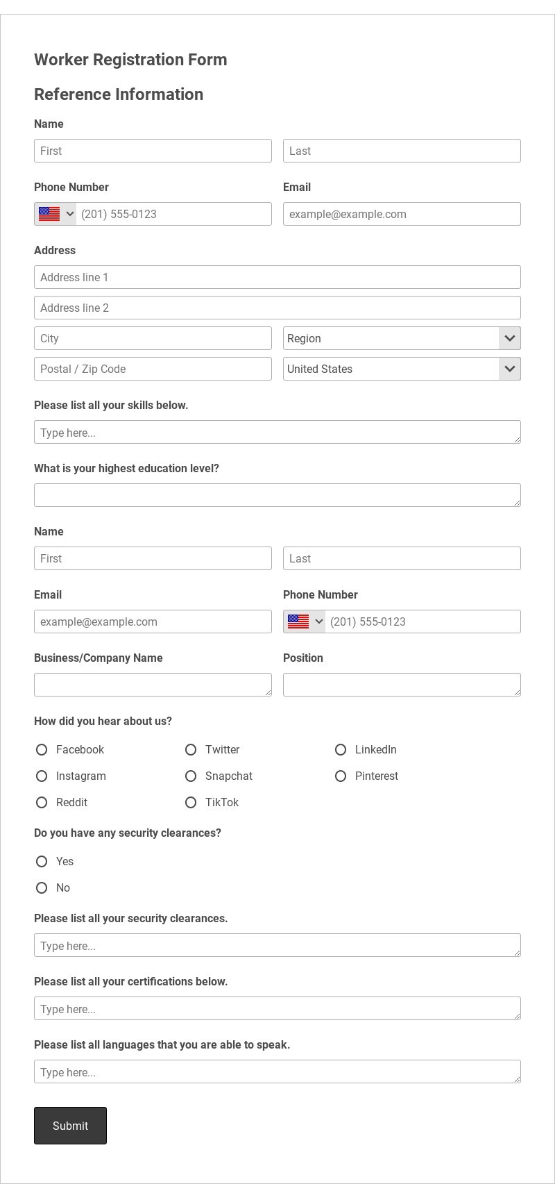 Worker Registration Form Template form template