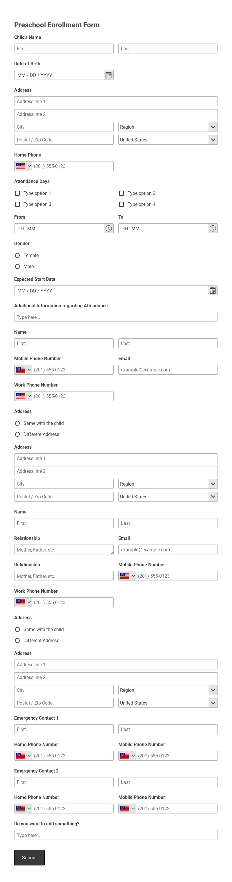 Preschool Enrollment Form Template form template