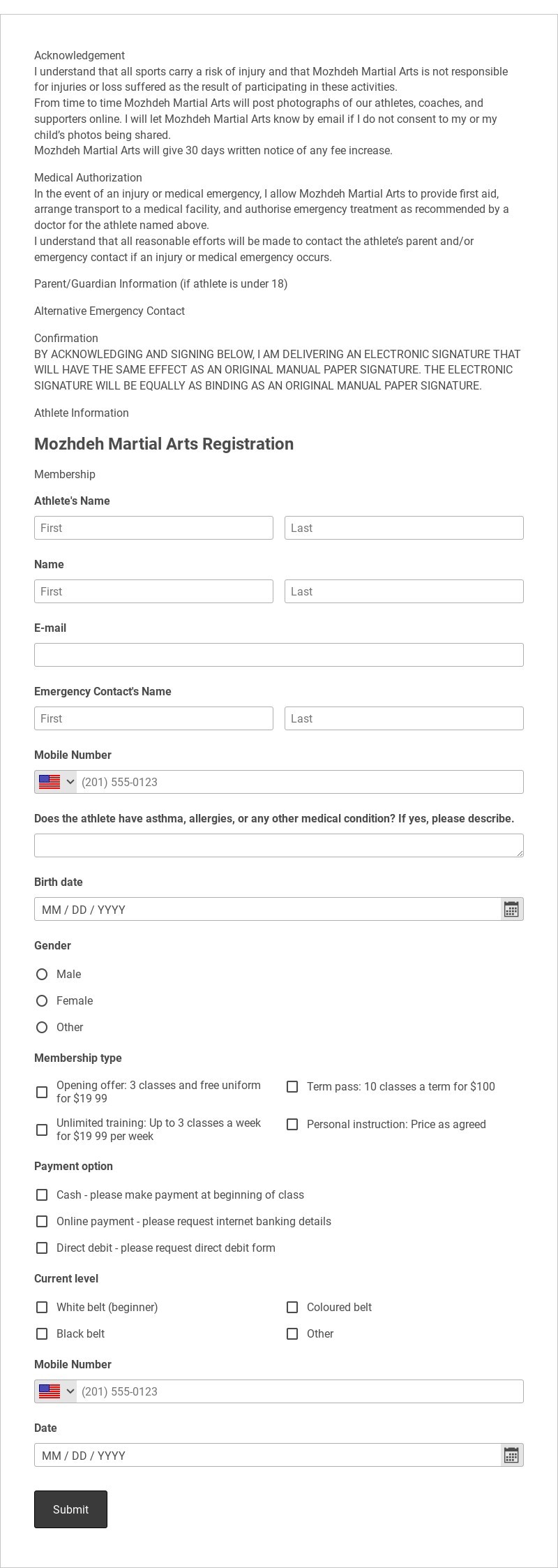 Martial Arts Course Registration Form Template form template