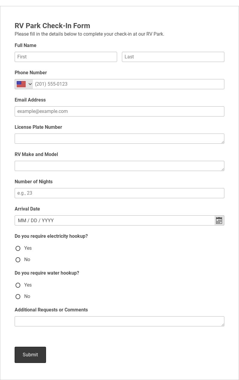 RV Park Check-In Form Template form template