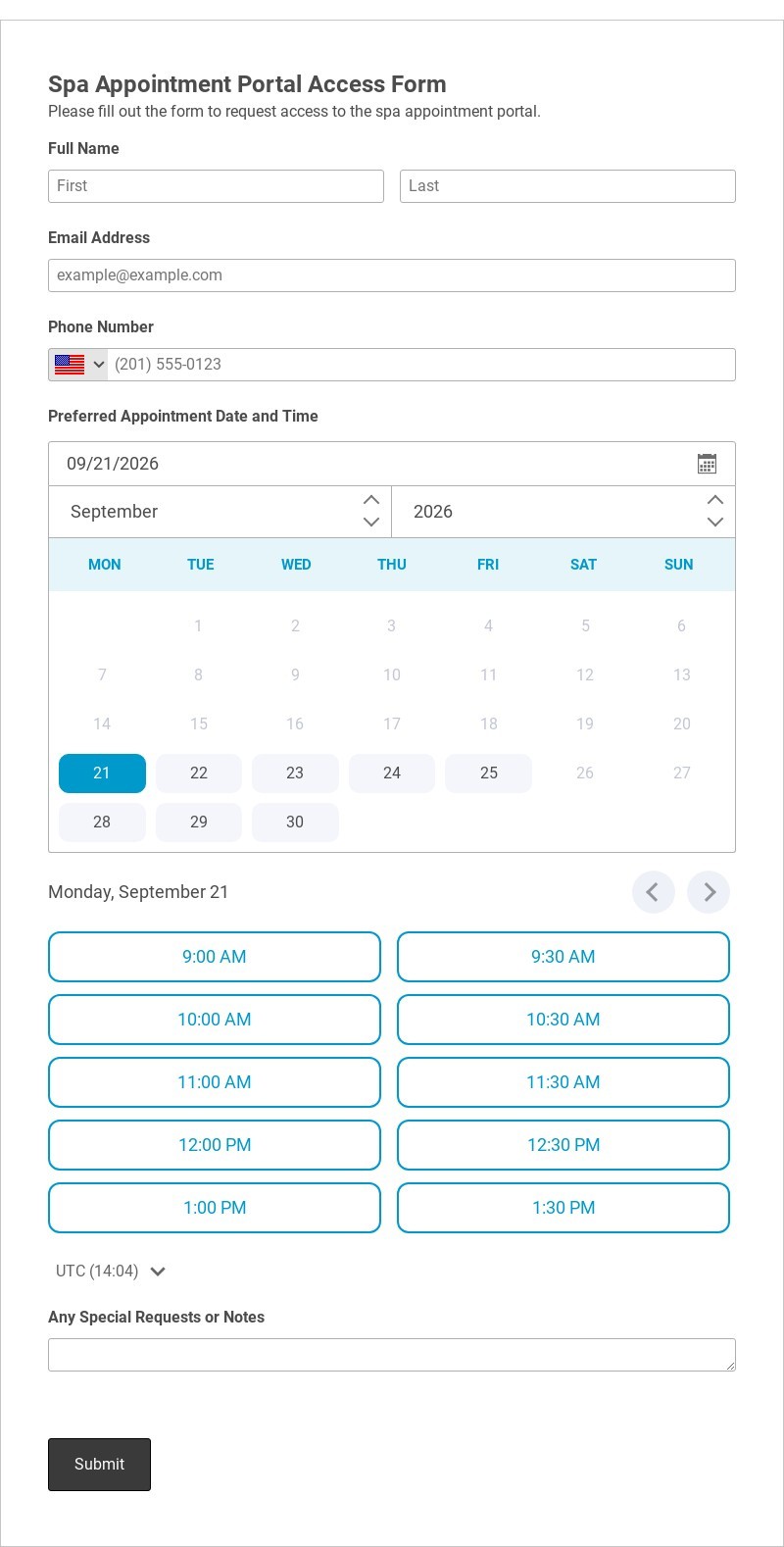 Spa Appointment Portal Access Form Template form template