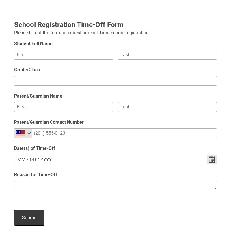 School Registration Time-Off Form Template form template