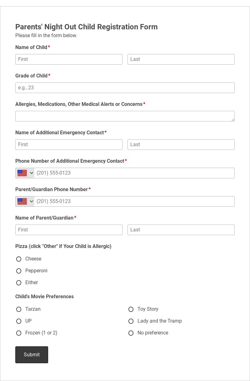 Parents' Night Out Child Registration Form Template form template