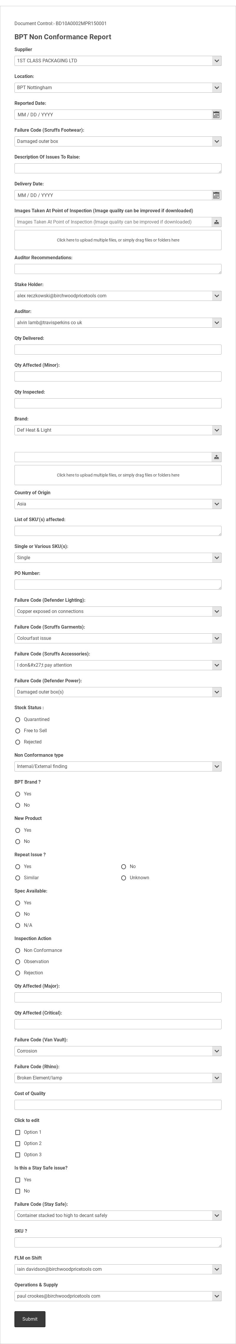 Non Conformance Form Template form template