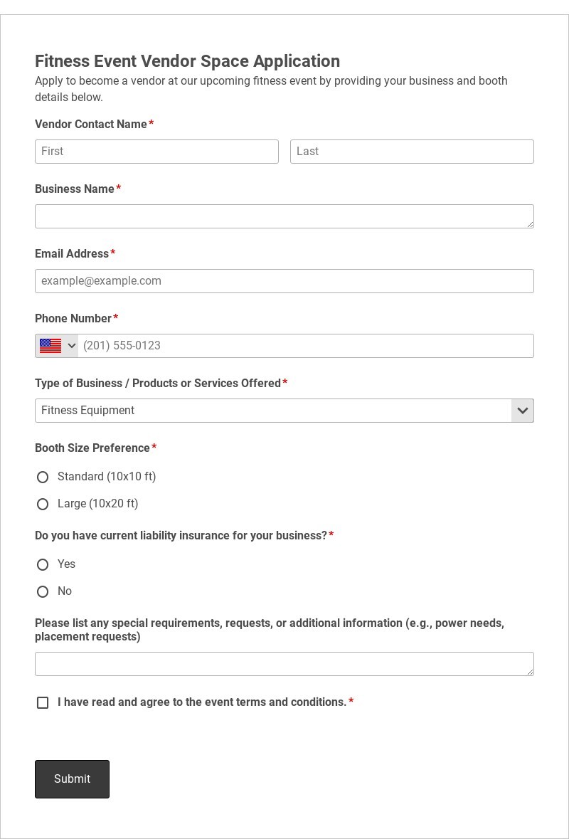 Fitness Event Vendor Space Application Template form template