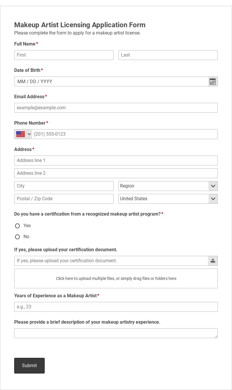 Makeup Artist Licensing Application Form Template form template