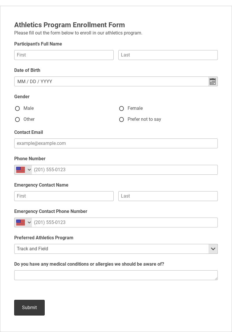 Athletics Program Enrollment Form Template form template