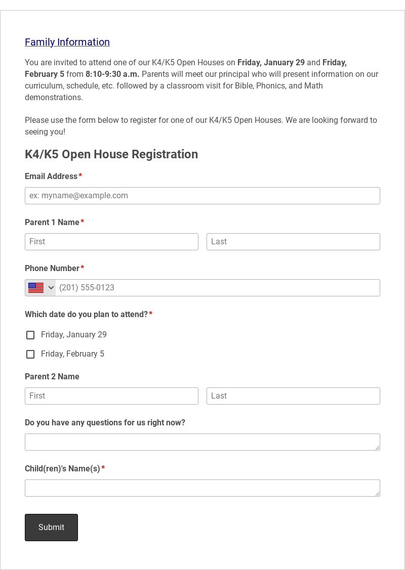 Open House Registration Form Template