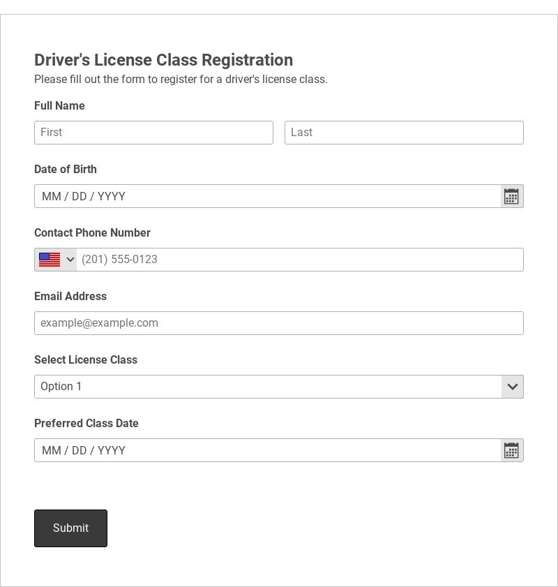Driver's License Class Registration Template form template