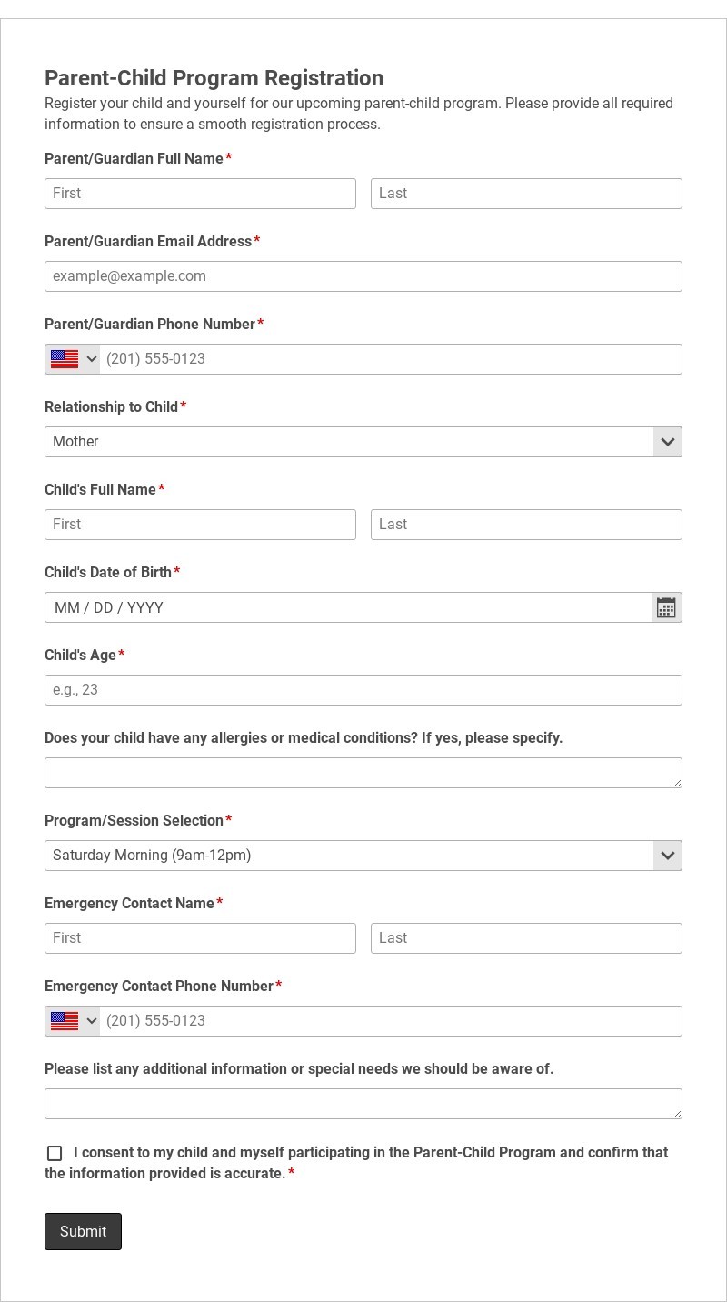 Parent-Child Program Registration Template form template