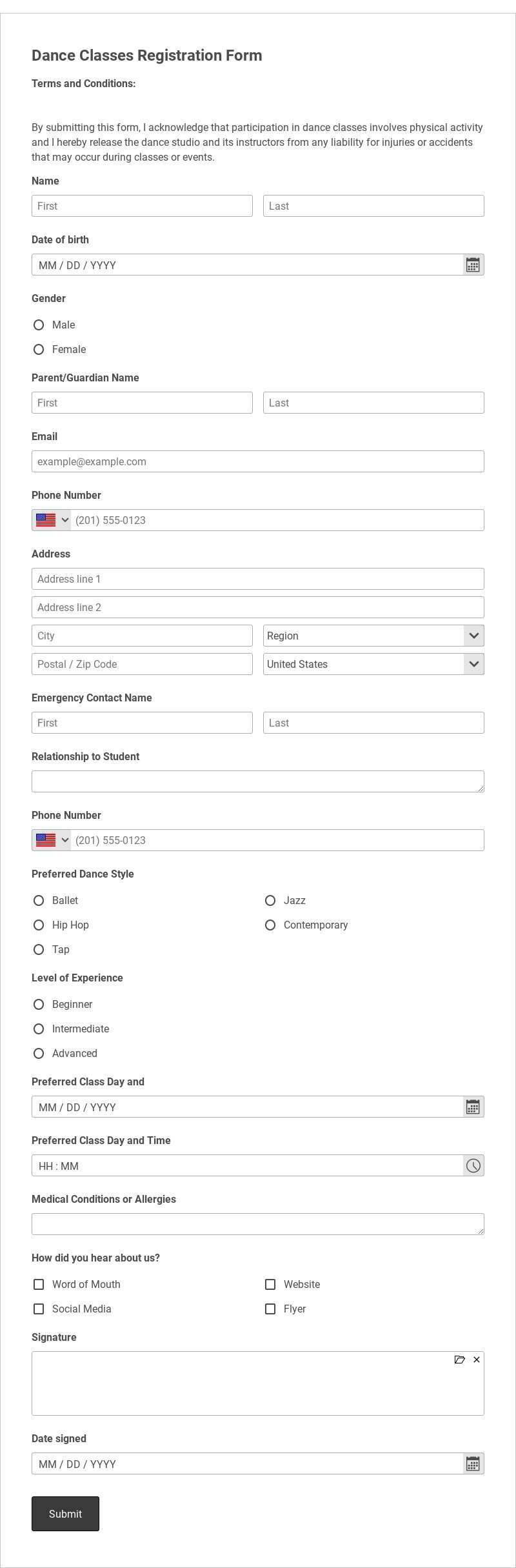Dance Classes Registration Template form template