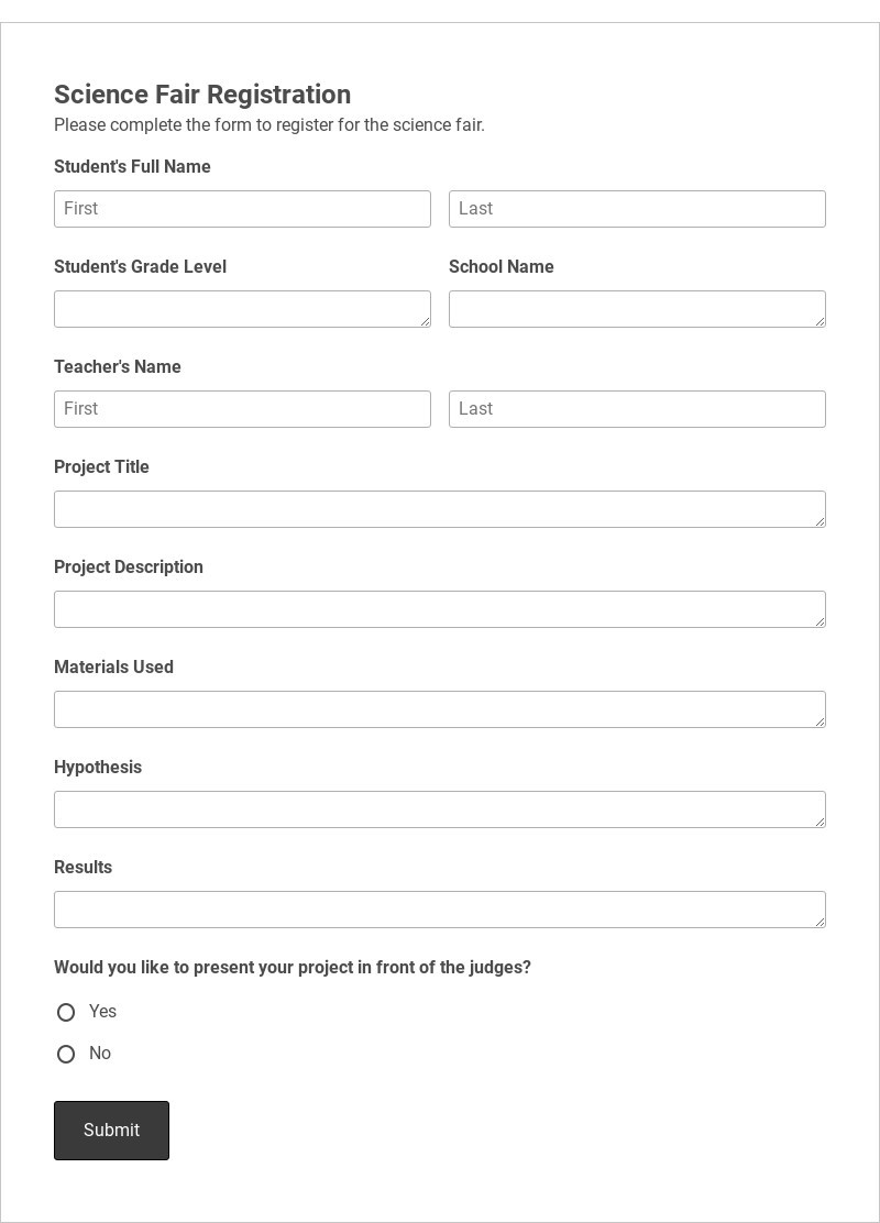 Science Fair Registration Form Template form template