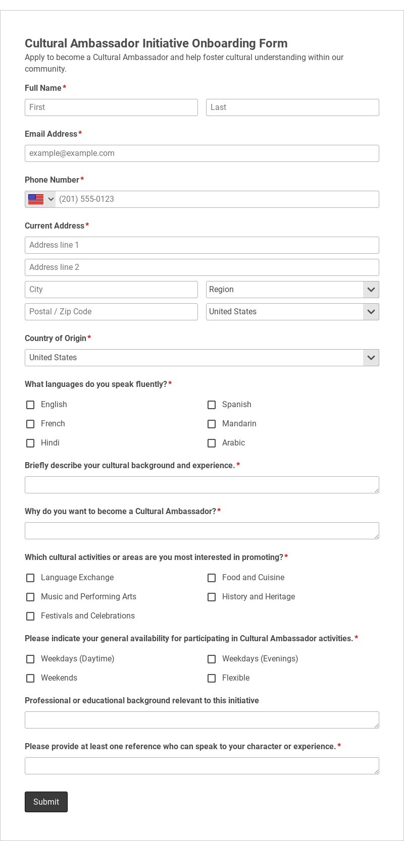 Cultural Ambassador Initiative Onboarding Form Template form template