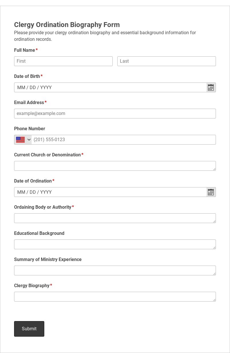 Clergy Ordination Biography Form Template form template