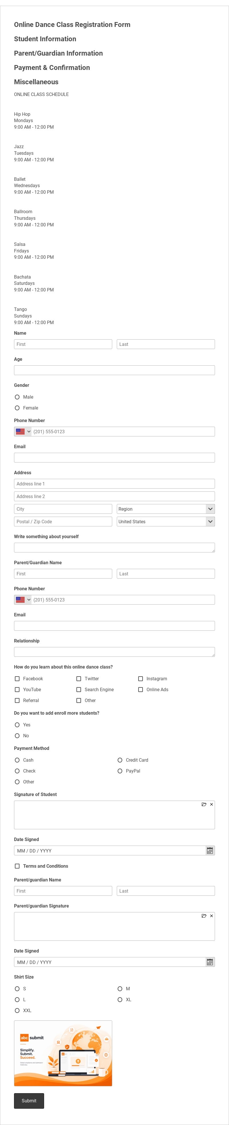Online Dance Class Registration Form Template form template