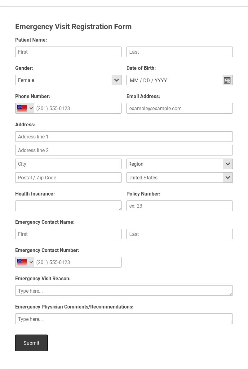 Emergency Visit Registration Form Template form template