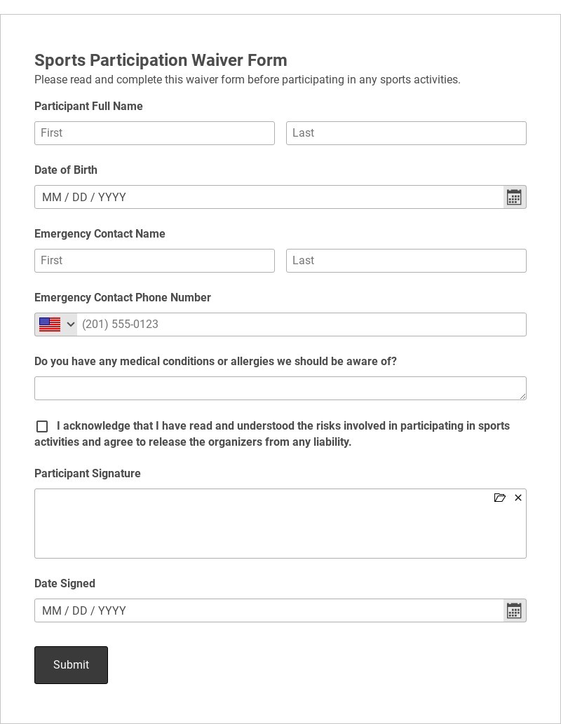 Sports Participation Waiver Form Template