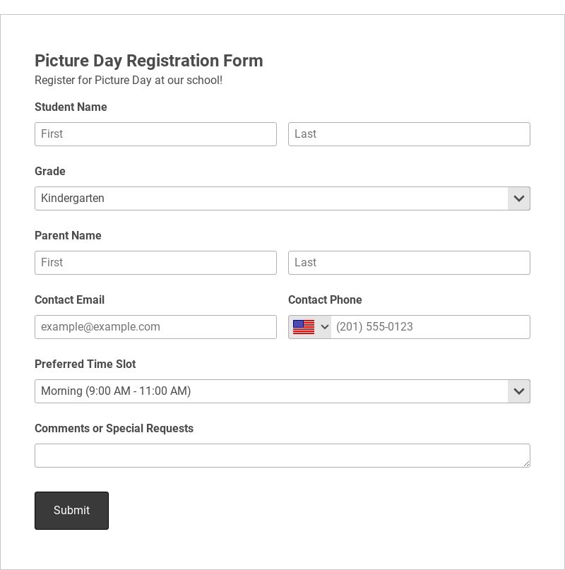 Picture Day Registration Form Template