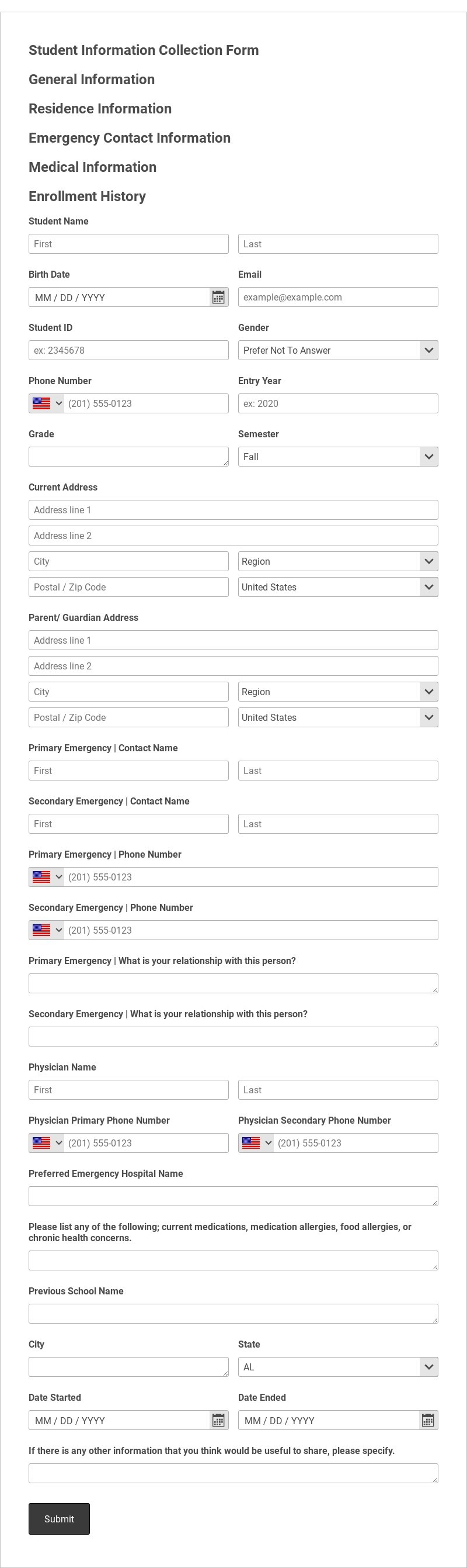 Student Information Collection Form Template form template