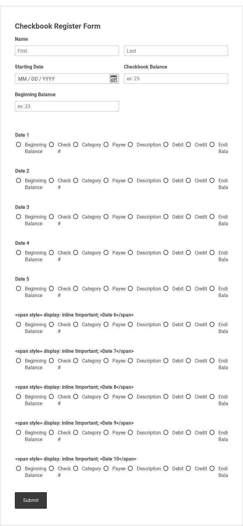 Checkbook Register Form Template