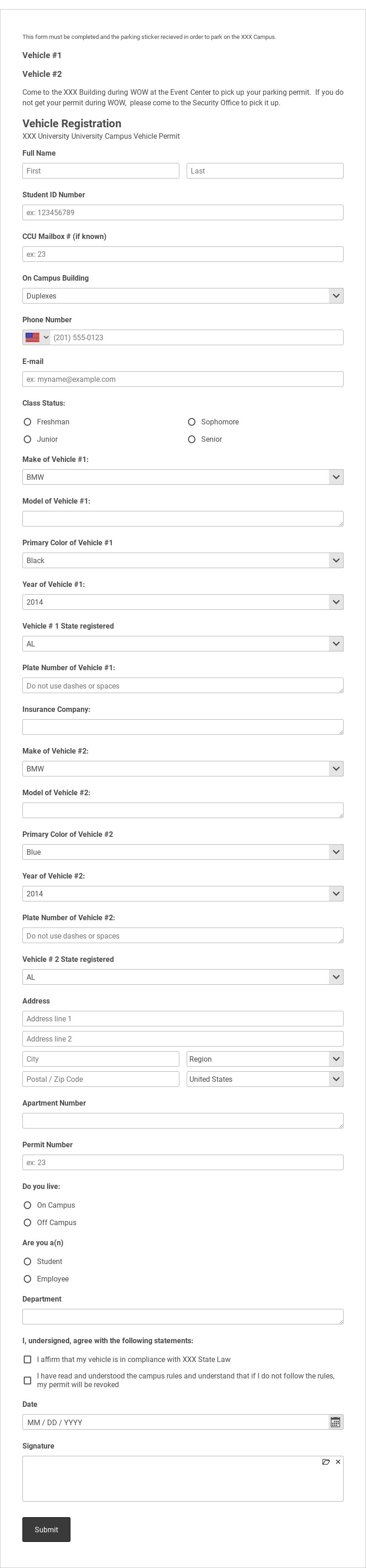 Vehicle Registration-Parking Permit Template form template
