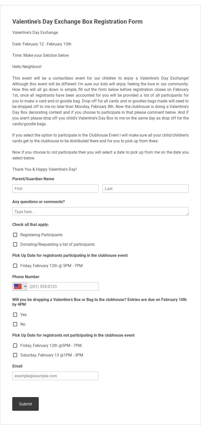Valentine’s Day Exchange Box Registration Form Template form template