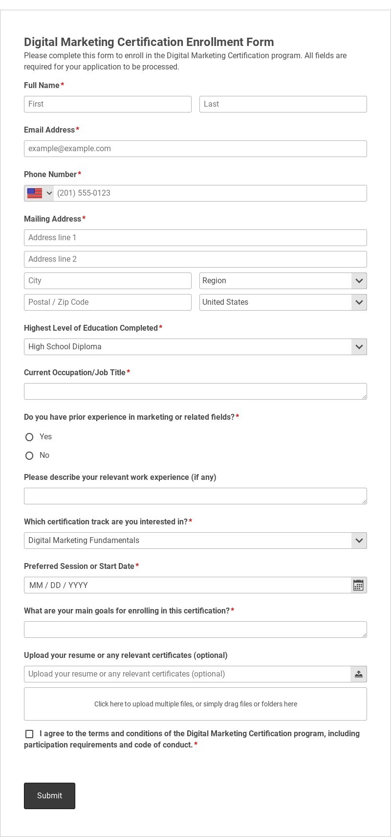 Digital Marketing Certification Enrollment Form Template