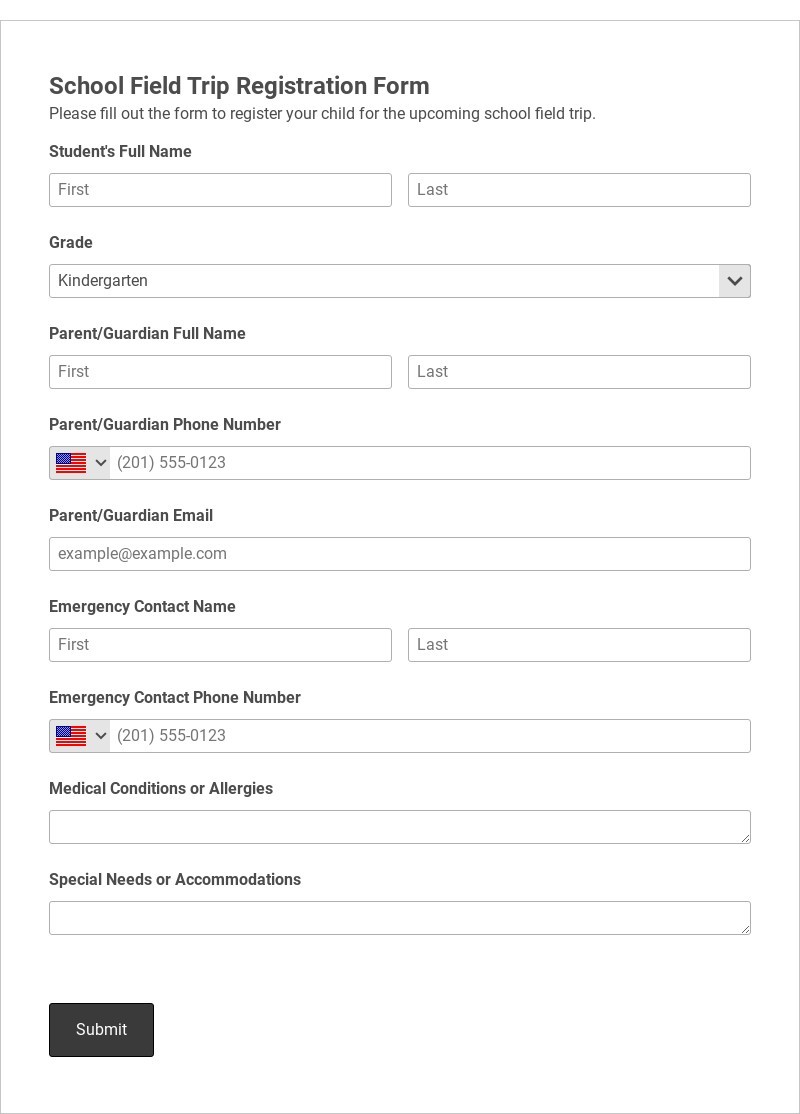 School Field Trip Registration Form Template form template