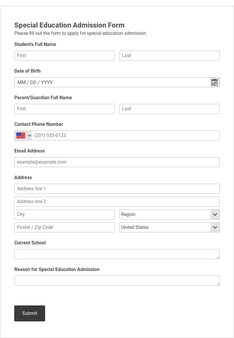 Special Education Admission Form Template form template