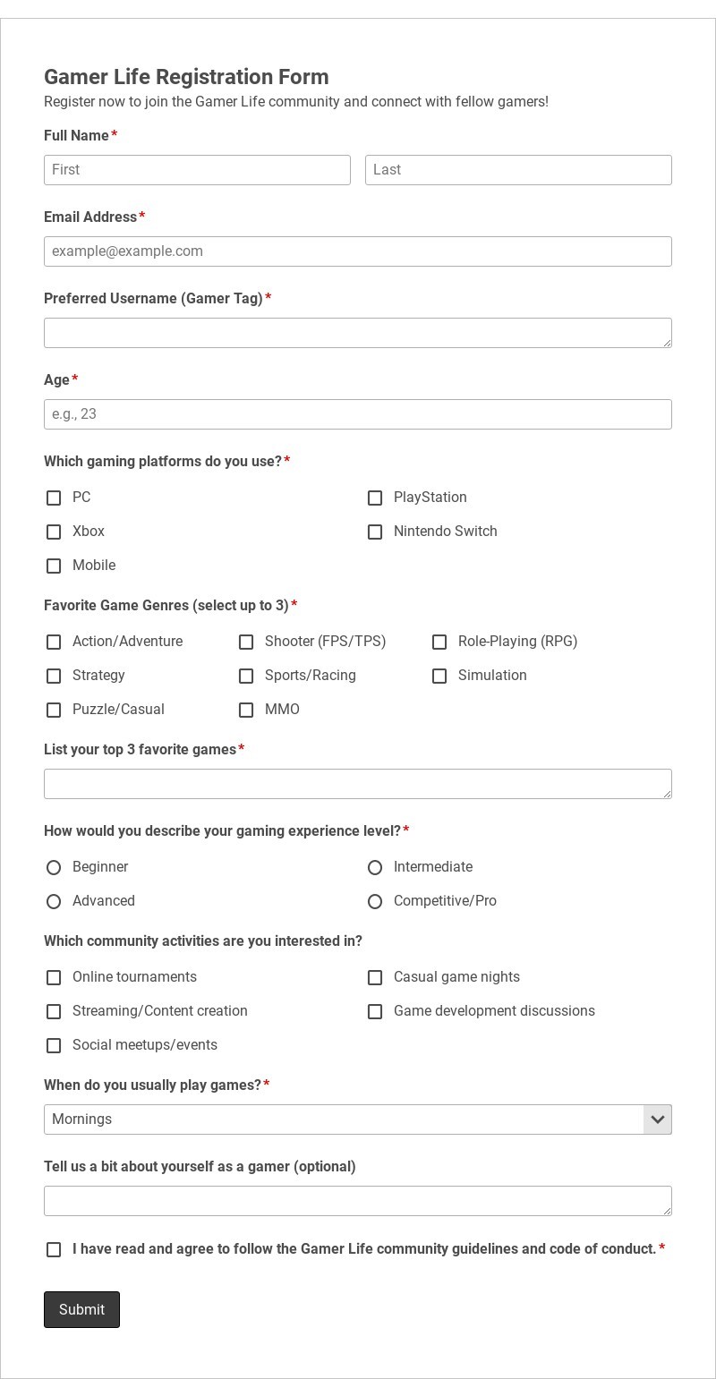 Gamer Life Registration Form Template form template