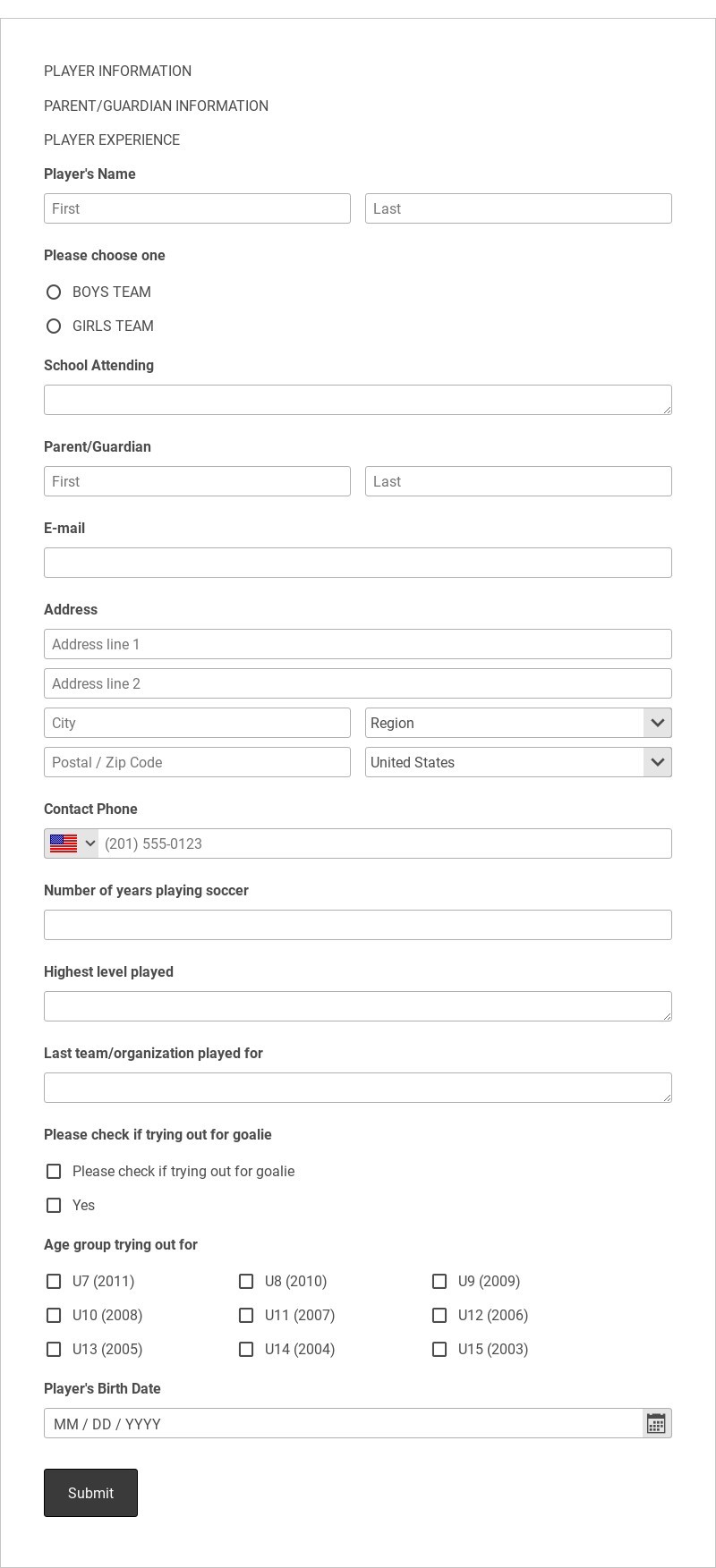 Tryout Registration Form Template form template